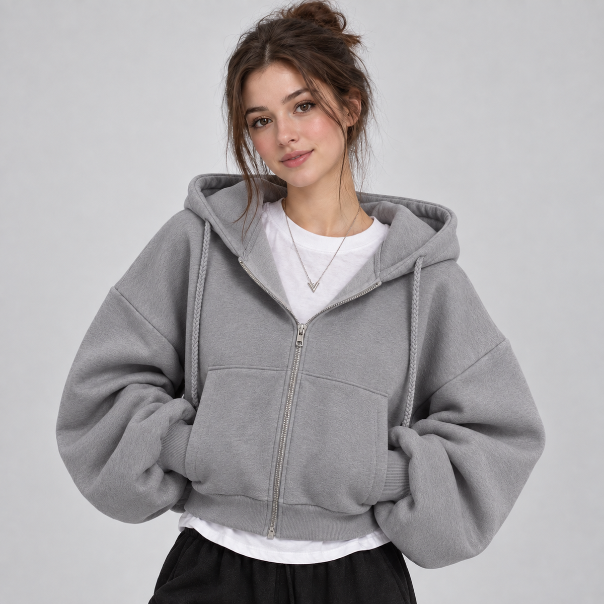 Yasmin Women's Fleece Cropped Zip Up Hoodie - Dark Grey