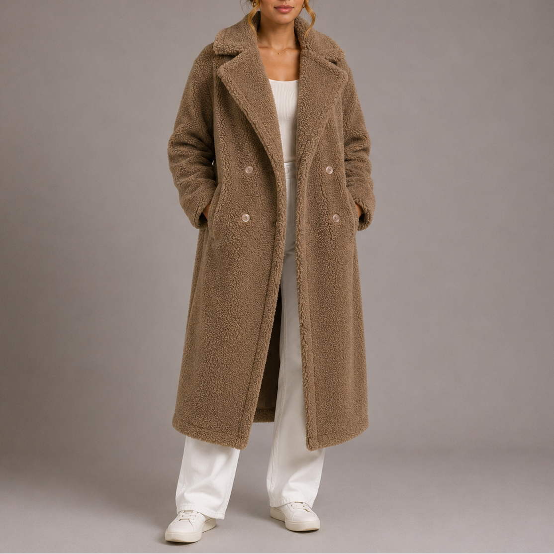 Lynn Women's Winter Long Teddy Faux Fur Coat - Brown