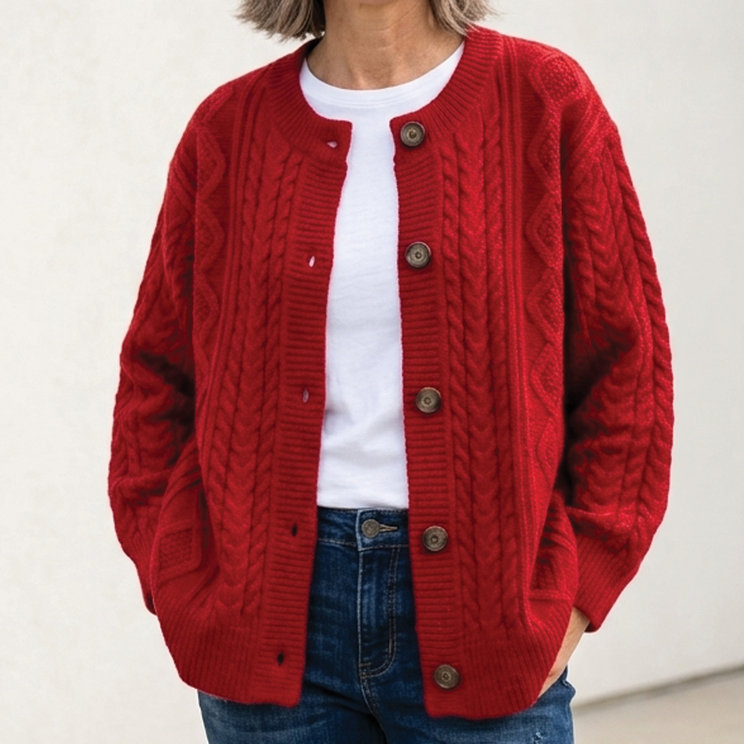 Nora Women's Chunky Cable Knit Cardigan - Red