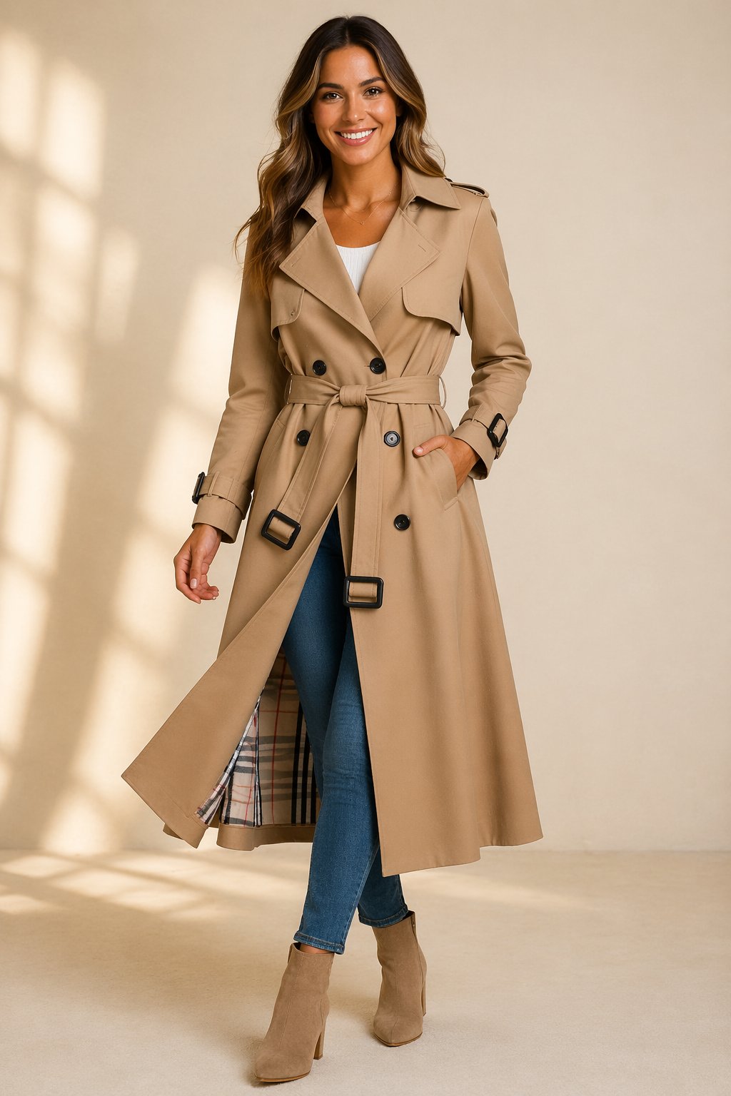 Sarah Women's Long Belted Trench Coat - Beige