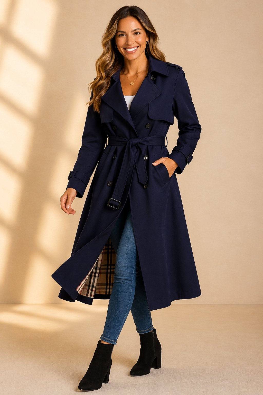 Sarah Women's Long Belted Trench Coat - Navy