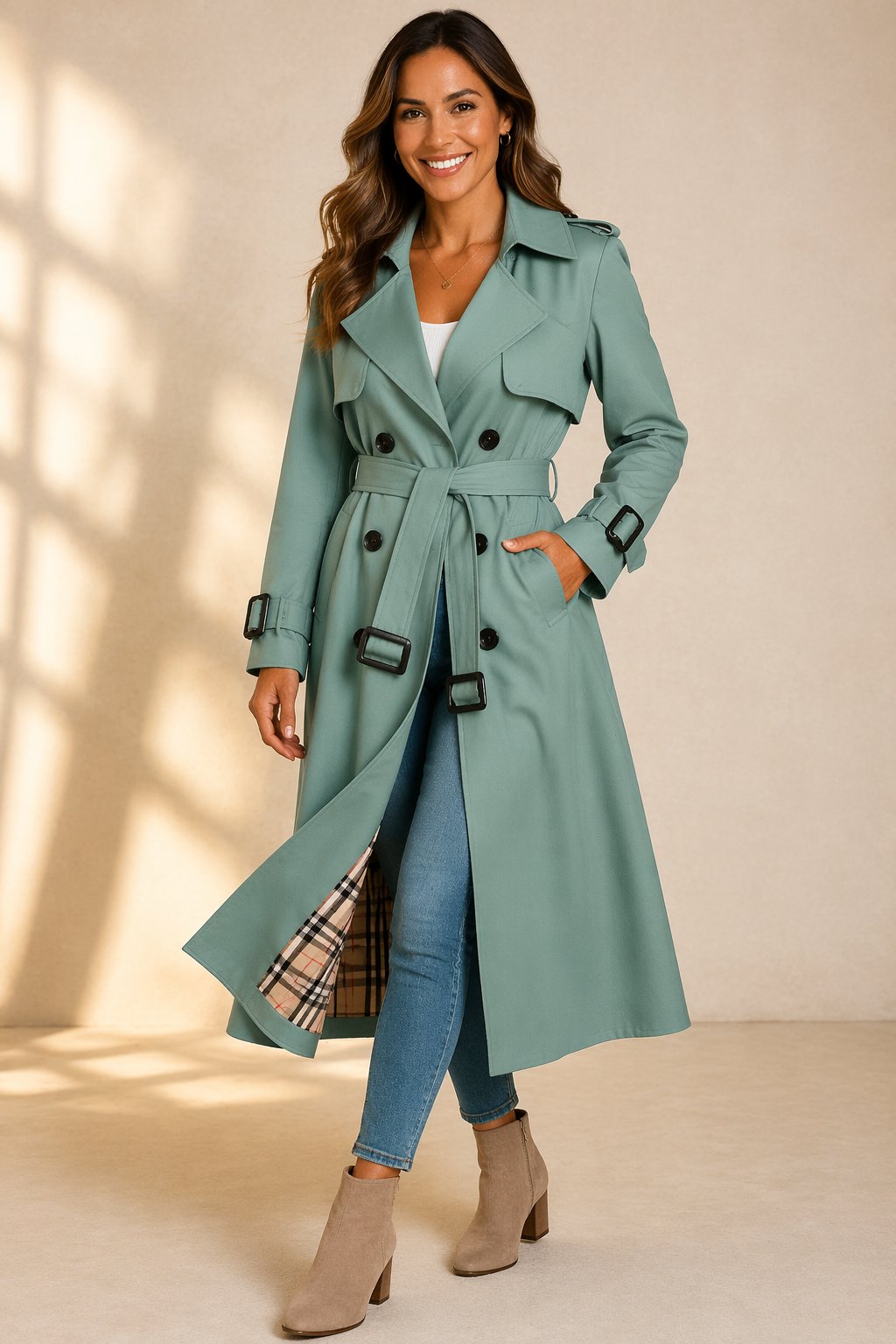 Sarah Women's Long Belted Trench Coat - Green