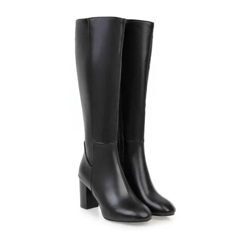 Eve Women's Leather Heeled Knee High Boots - Black