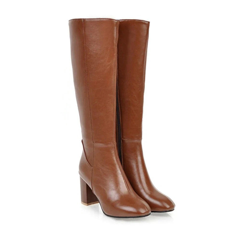 Eve Women's Leather Heeled Knee High Boots - Brown