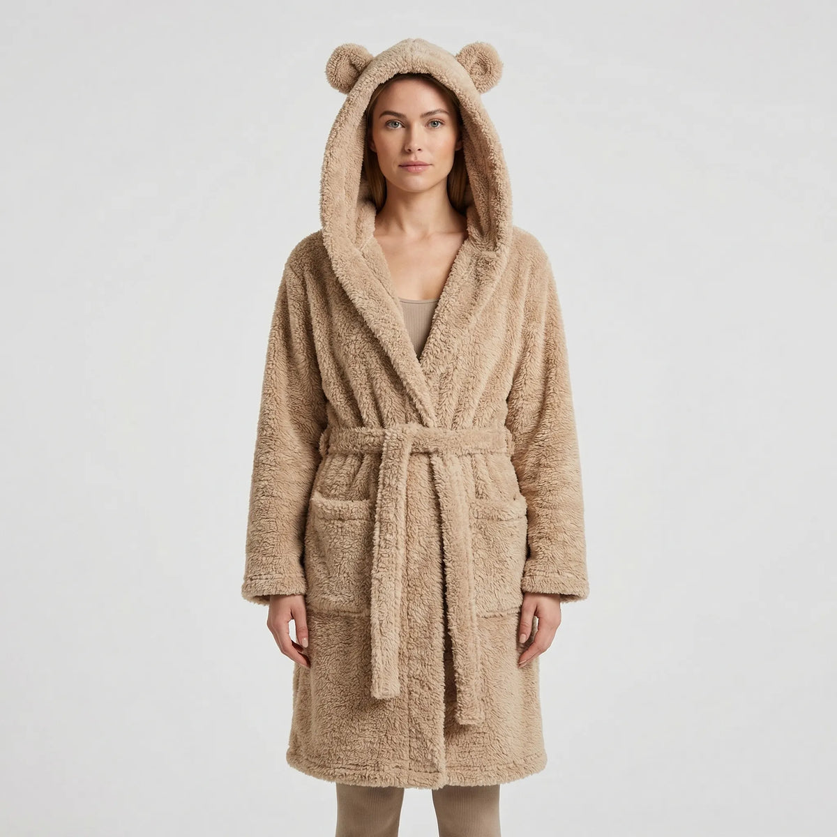 Gloria Fleece Hooded Dressing Gown - Khaki