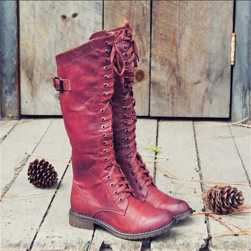Wren Women's Leather Knee High Boots - Red