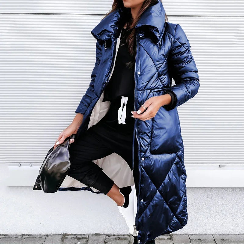 Amber Women's Winter Quilted Padded Long Puffer Coat - Blue
