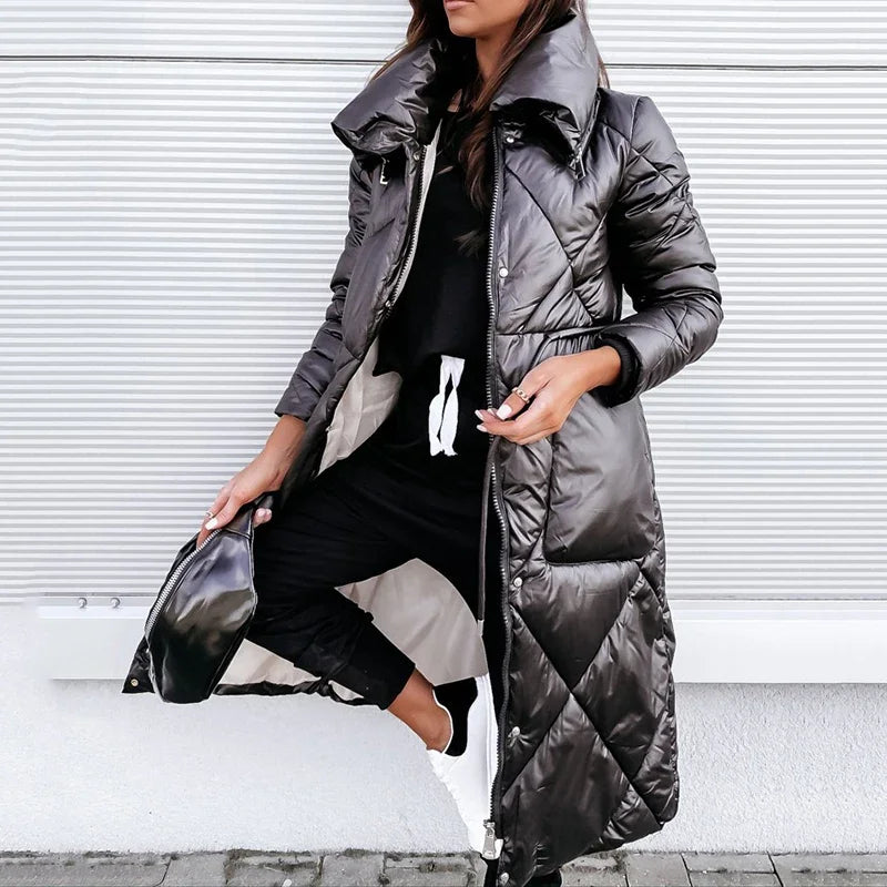 Amber Women's Winter Quilted Padded Long Puffer Coat - Black