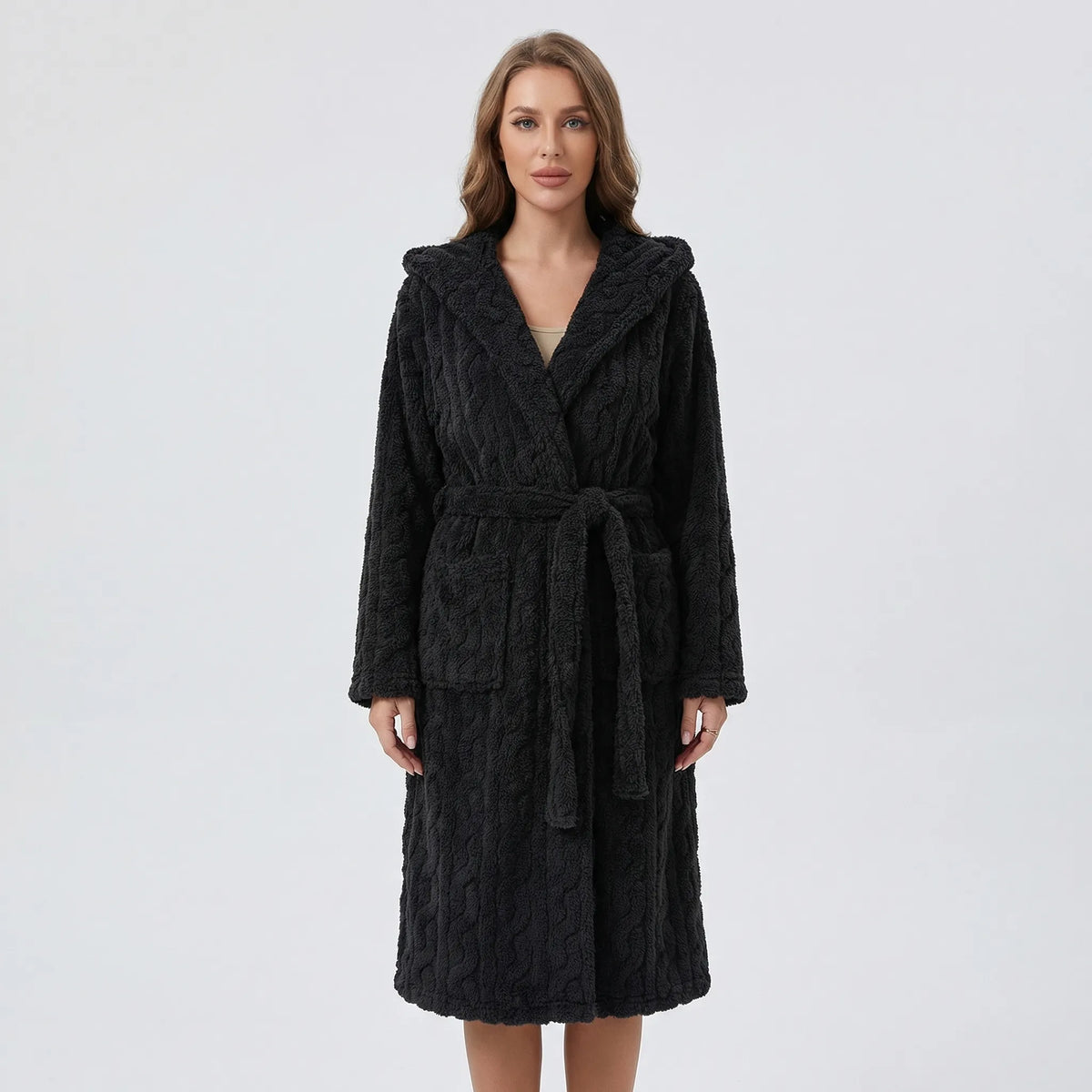 Audrey Long Fleece Hooded Dressing Gown - Black