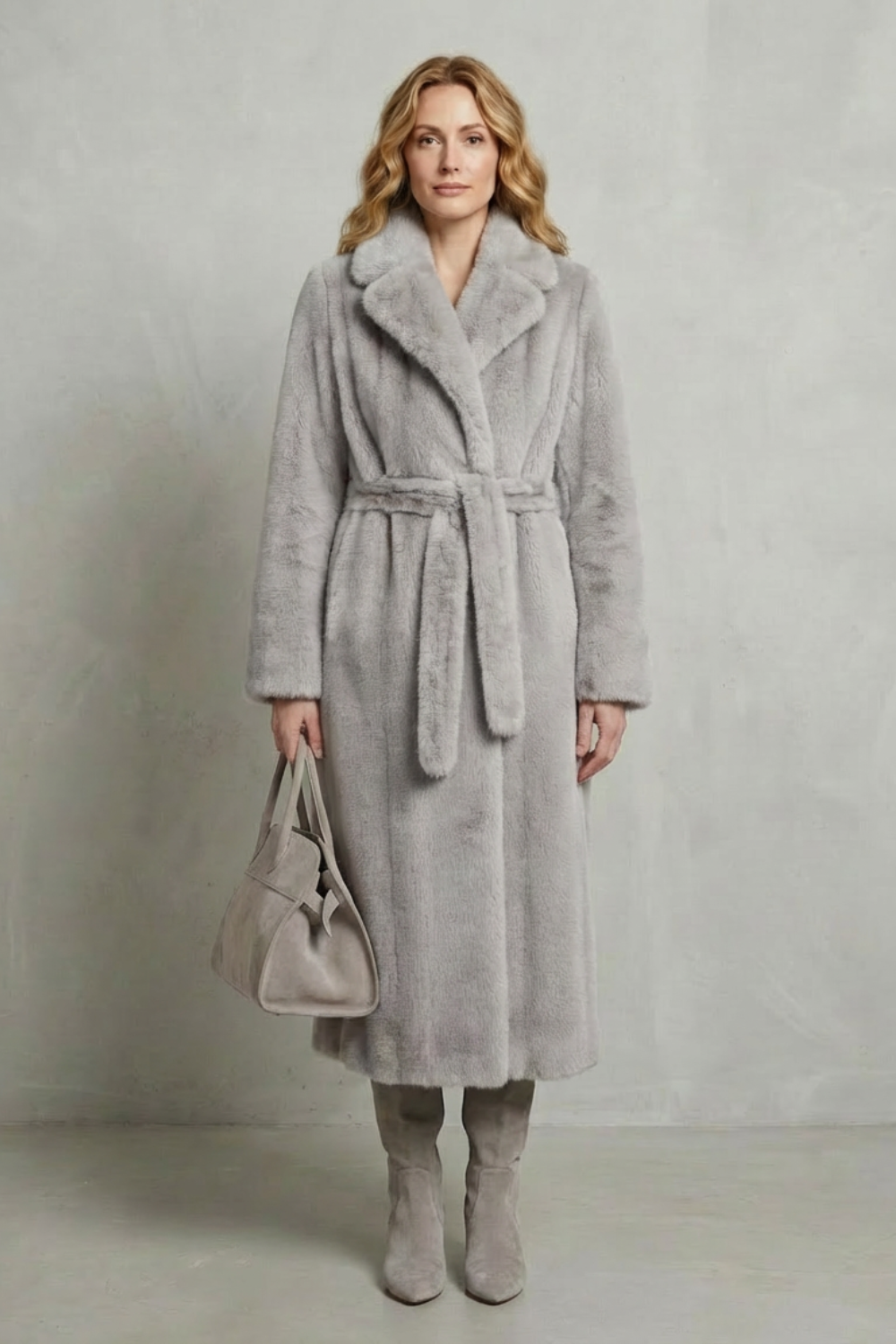 Jill Women's Belted Long Faux Fur Coat
