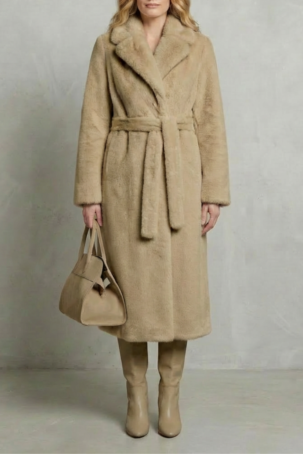 Jill Women's Belted Long Faux Fur Coat - Khaki
