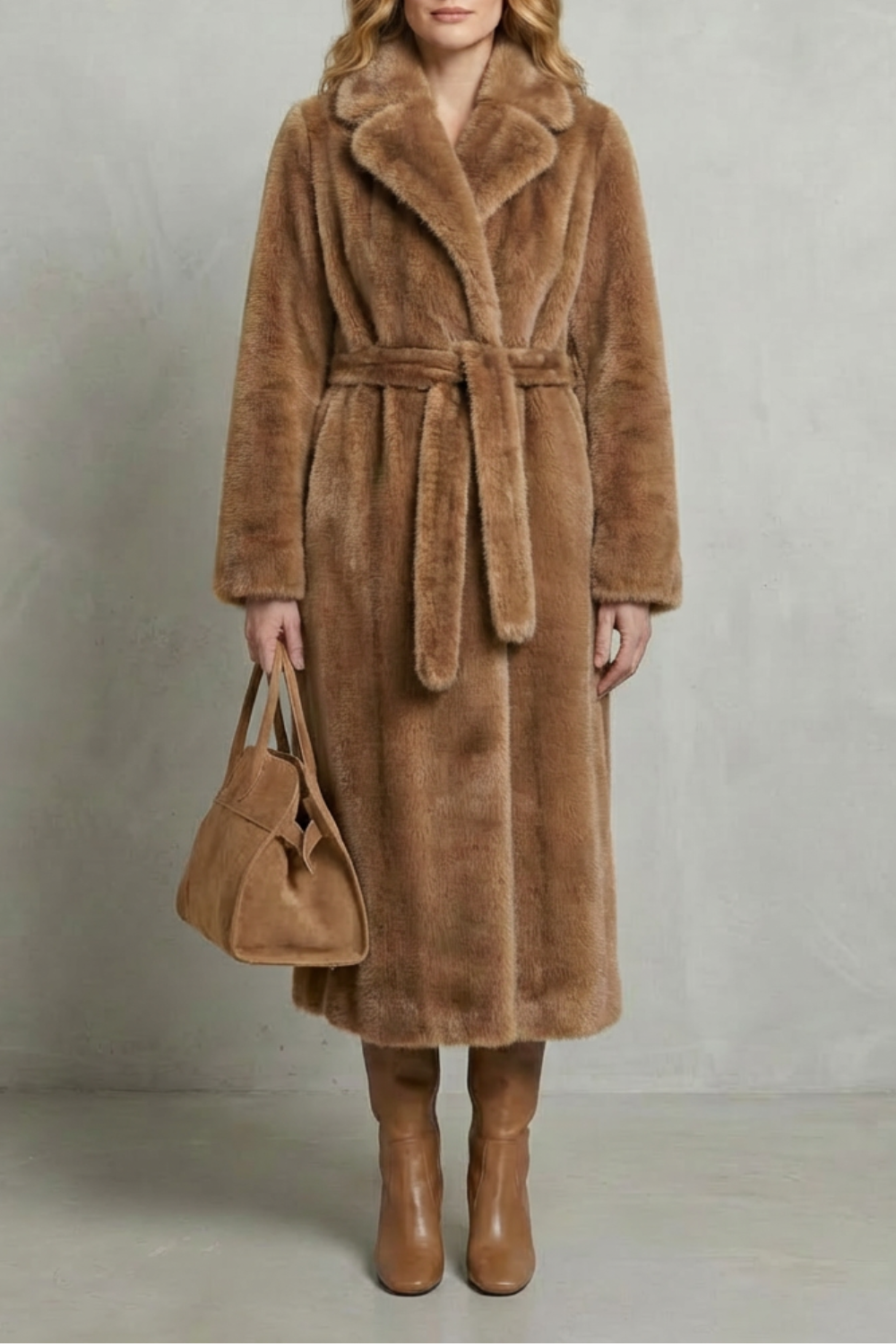 Jill Women's Belted Long Faux Fur Coat - Light Brown