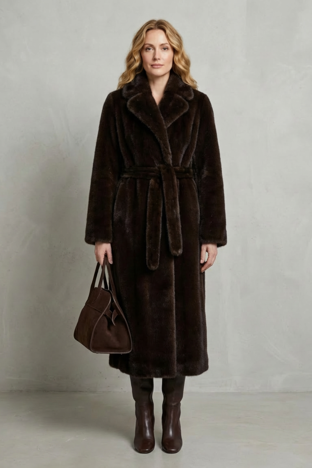 Jill Women's Belted Long Faux Fur Coat