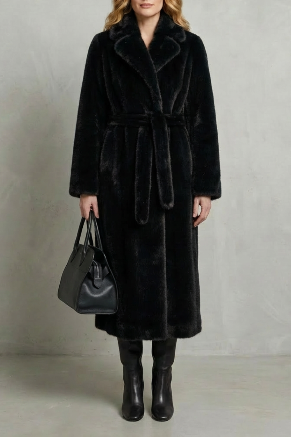 Jill Women's Belted Long Faux Fur Coat - Black