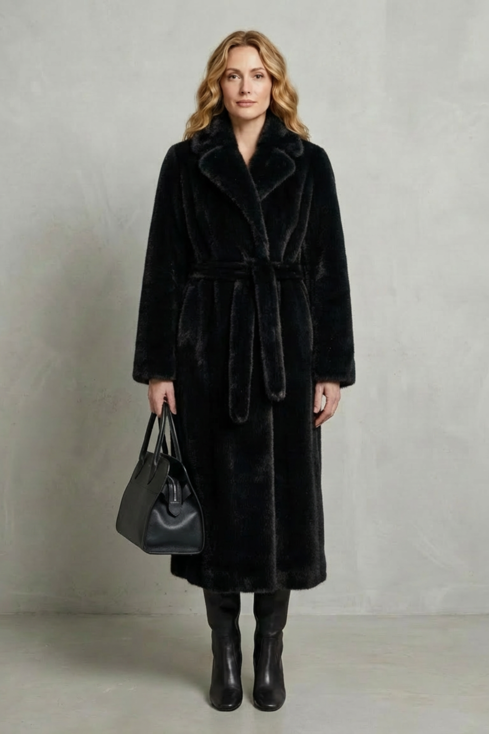 Jill Women's Belted Long Faux Fur Coat