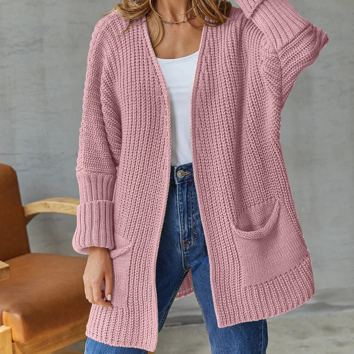 Bea Women's Long Knitted Cardigan - Pink