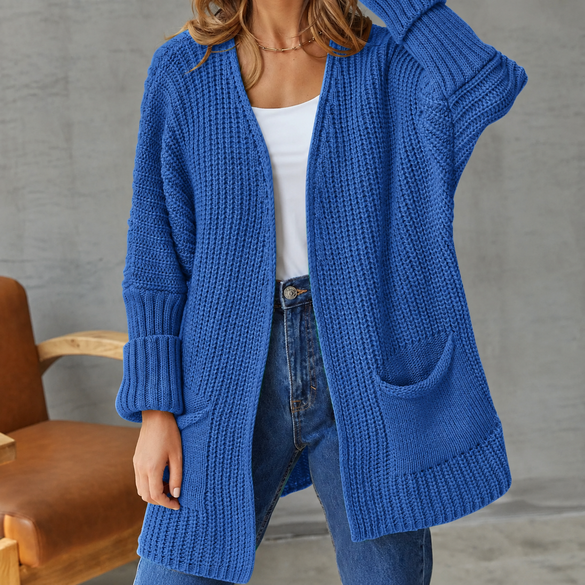 Bea Women's Long Knitted Cardigan - Blue