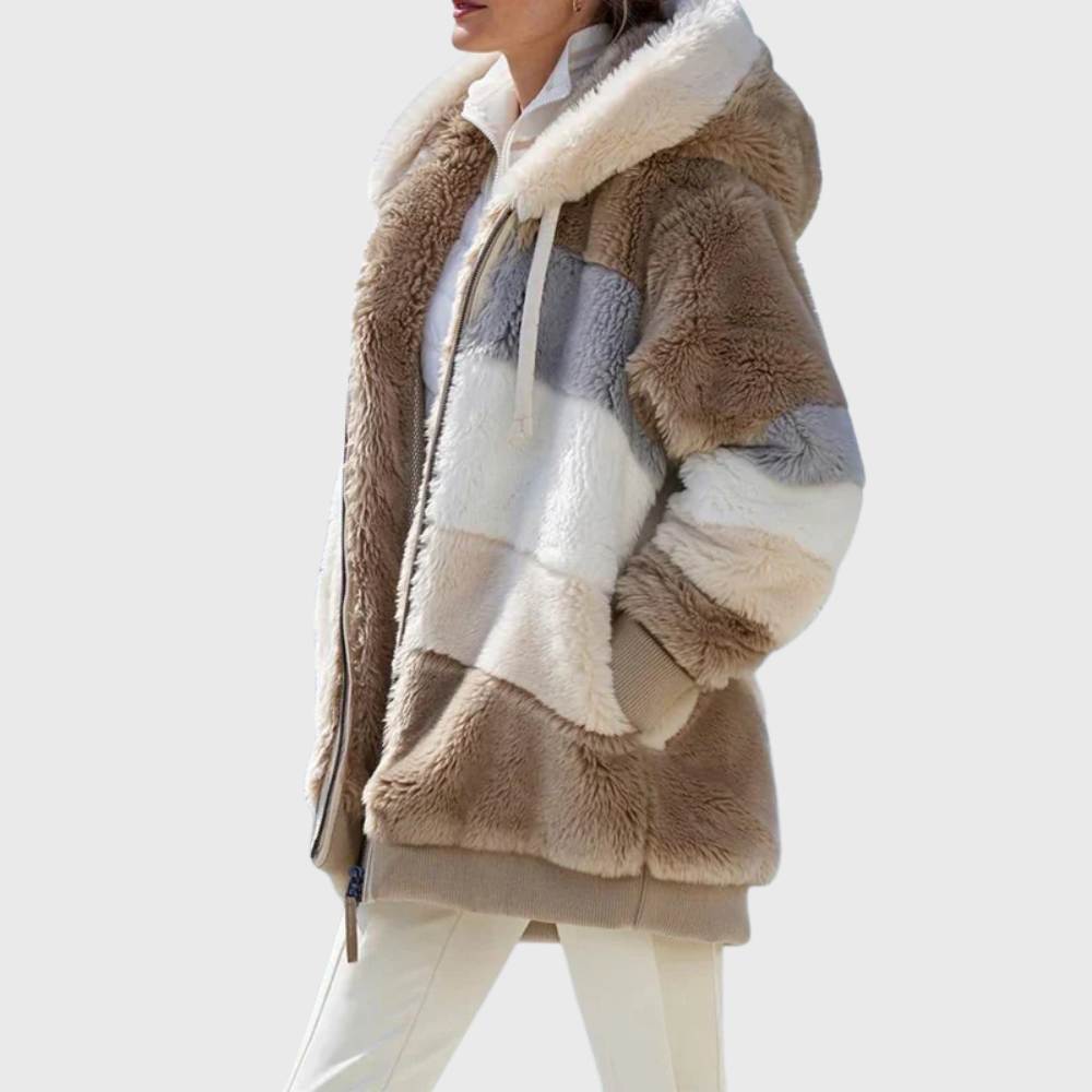 Iona Women's Faux Fur Jacket - Brown Stripes