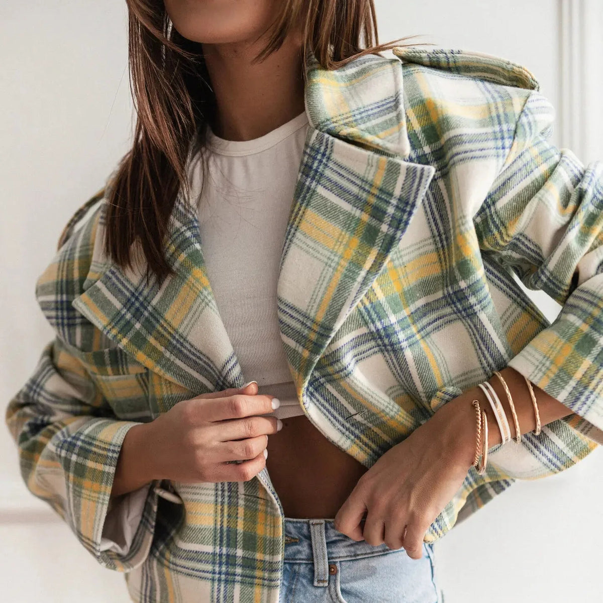 Wendy Women's Plaid Cropped Peacoat - Harvest Sky