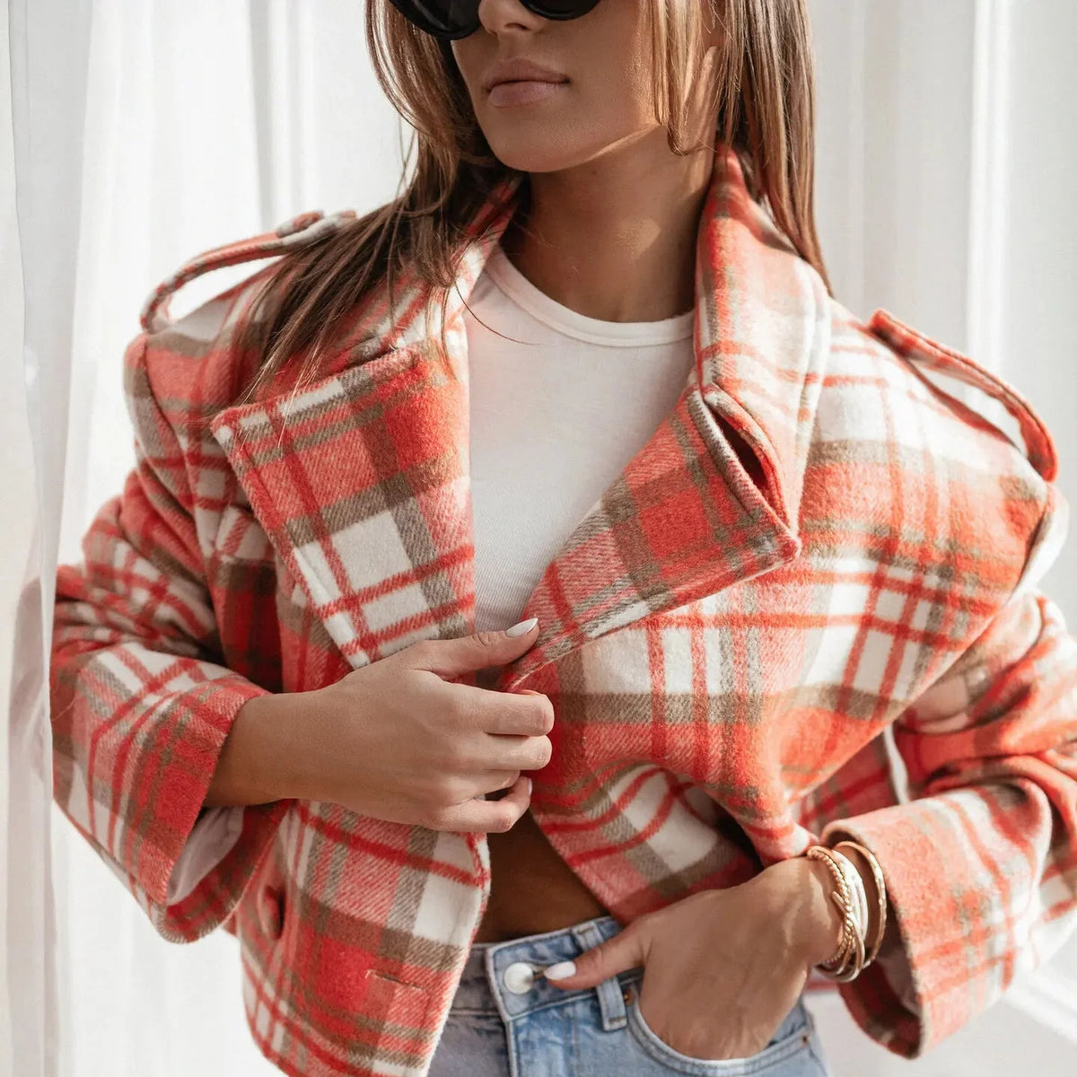 Wendy Women's Plaid Cropped Peacoat - Fireside