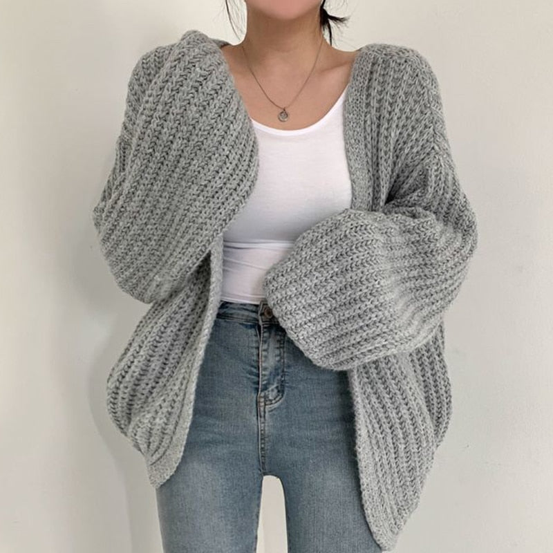 Martha Women's Chunky Knit Cardigan - Light Grey
