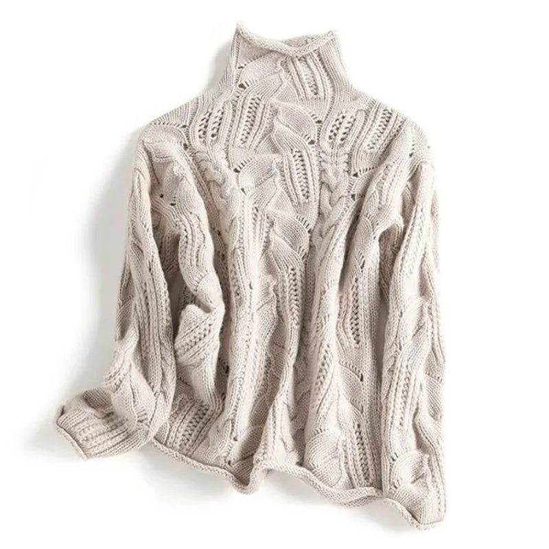 Ottilie Women's Cable Knit Roll Neck Jumper - Beige