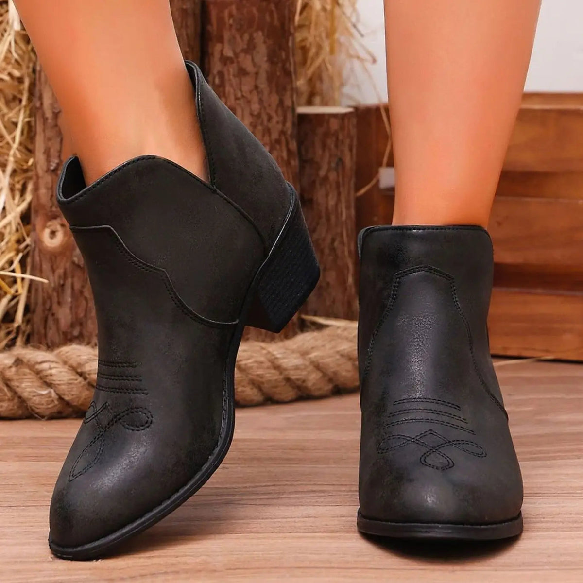 Elspeth Women's Western Heeled Ankle Boots - Black