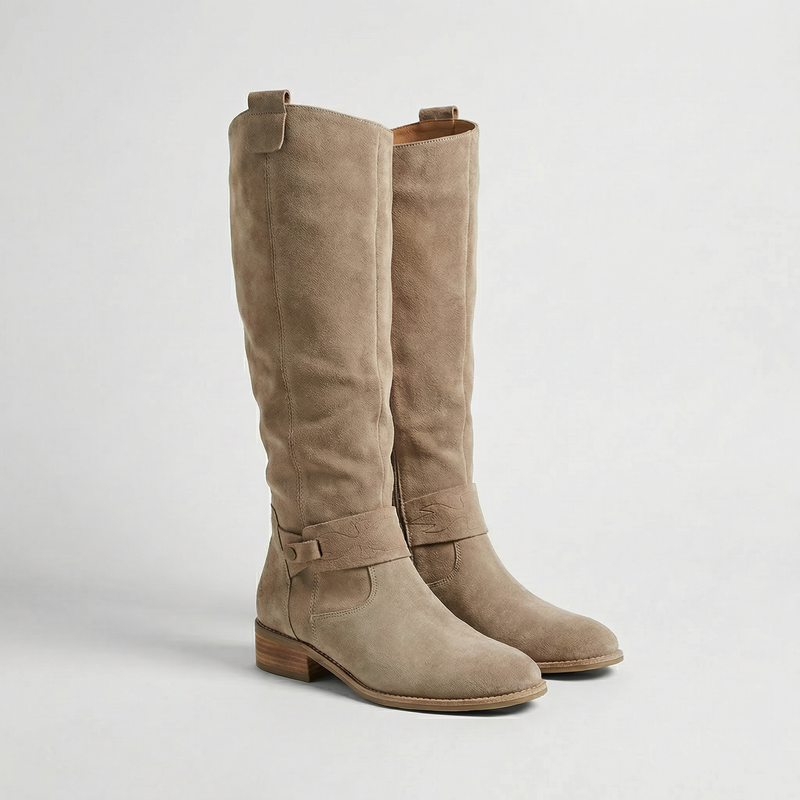 Nia Women's Suede Flat Knee High Boots - Beige