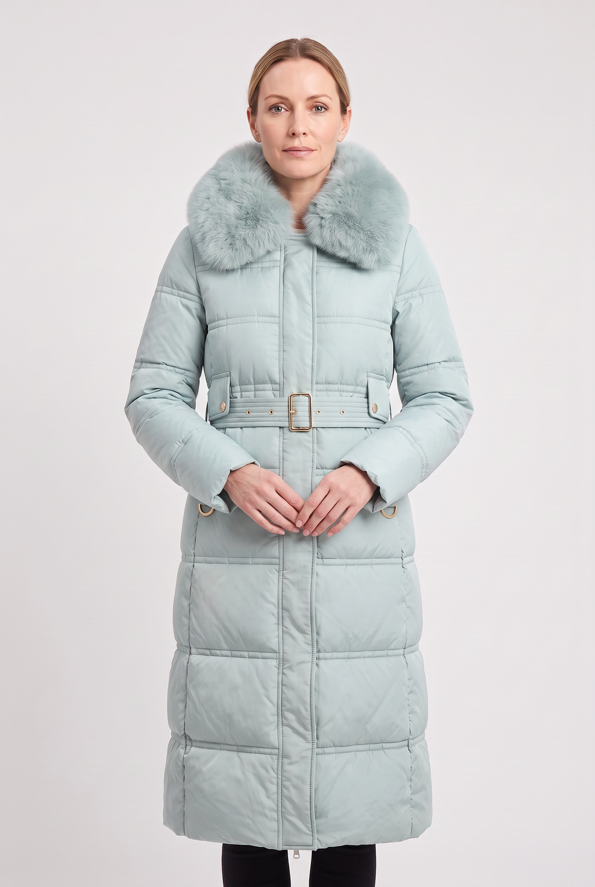 Anna Women's Winter Hooded Quilted Long Puffer Coat - Light Blue