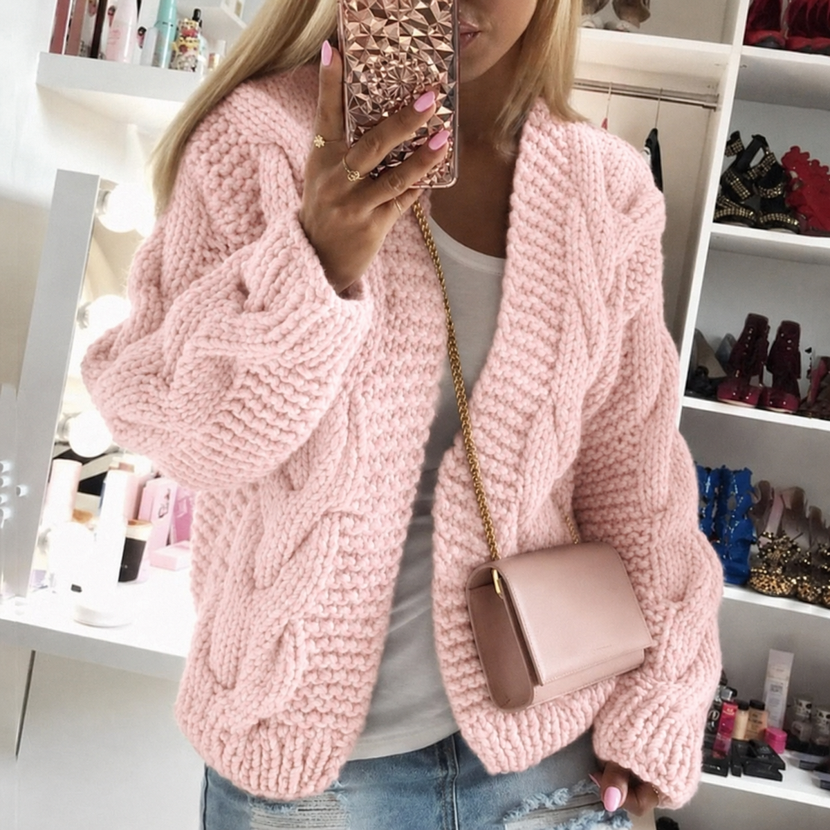 Ingrid Women's Oversized Chunky Knit Cardigan - Pink