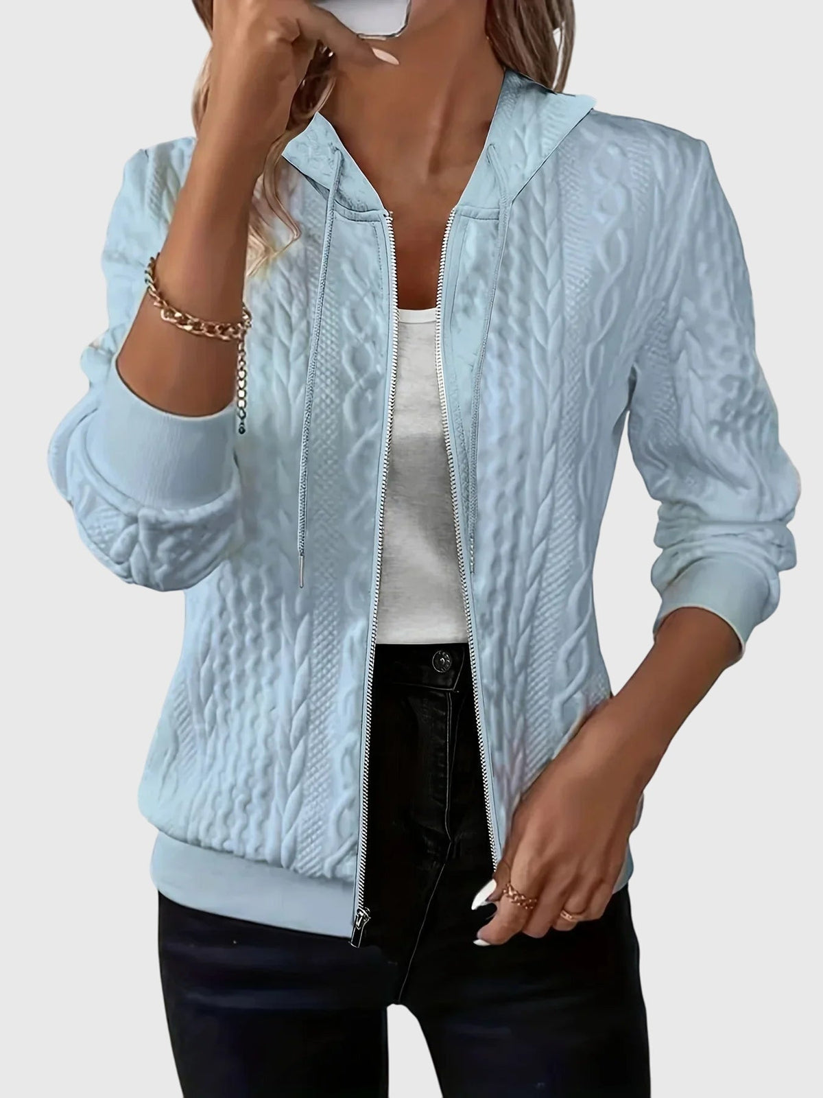 Fenella Women's Cable Textured Zip Up Hoodie - Sky Blue