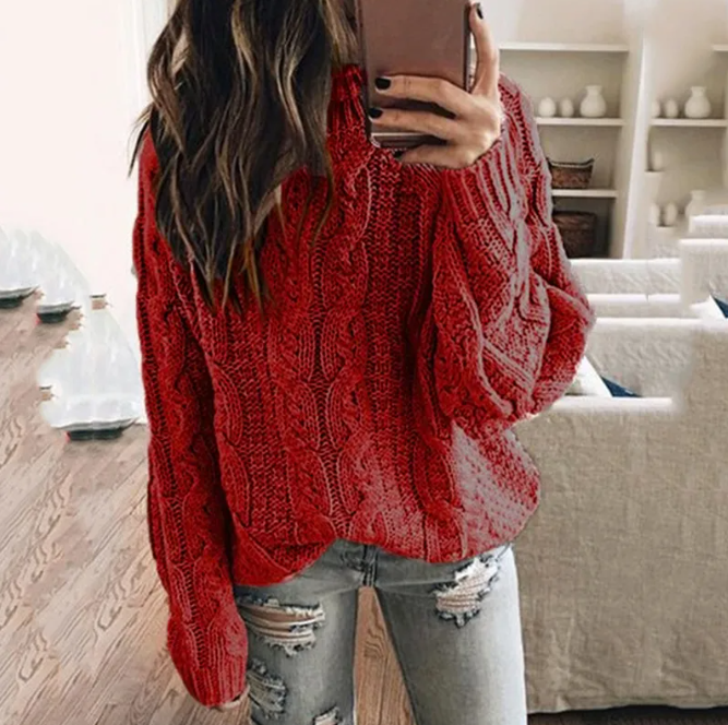 Nancy Women's Cable Knit Off the Shoulder Jumper - Red