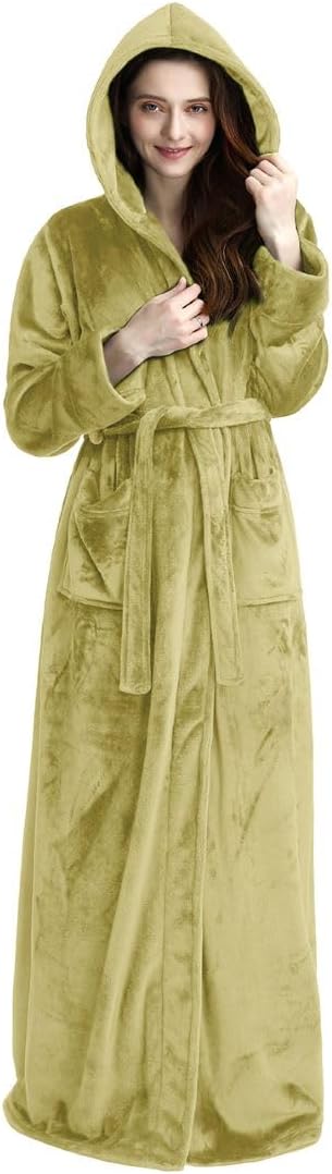 Hilda Long Fleece Hooded Dressing Gown - Olive Green