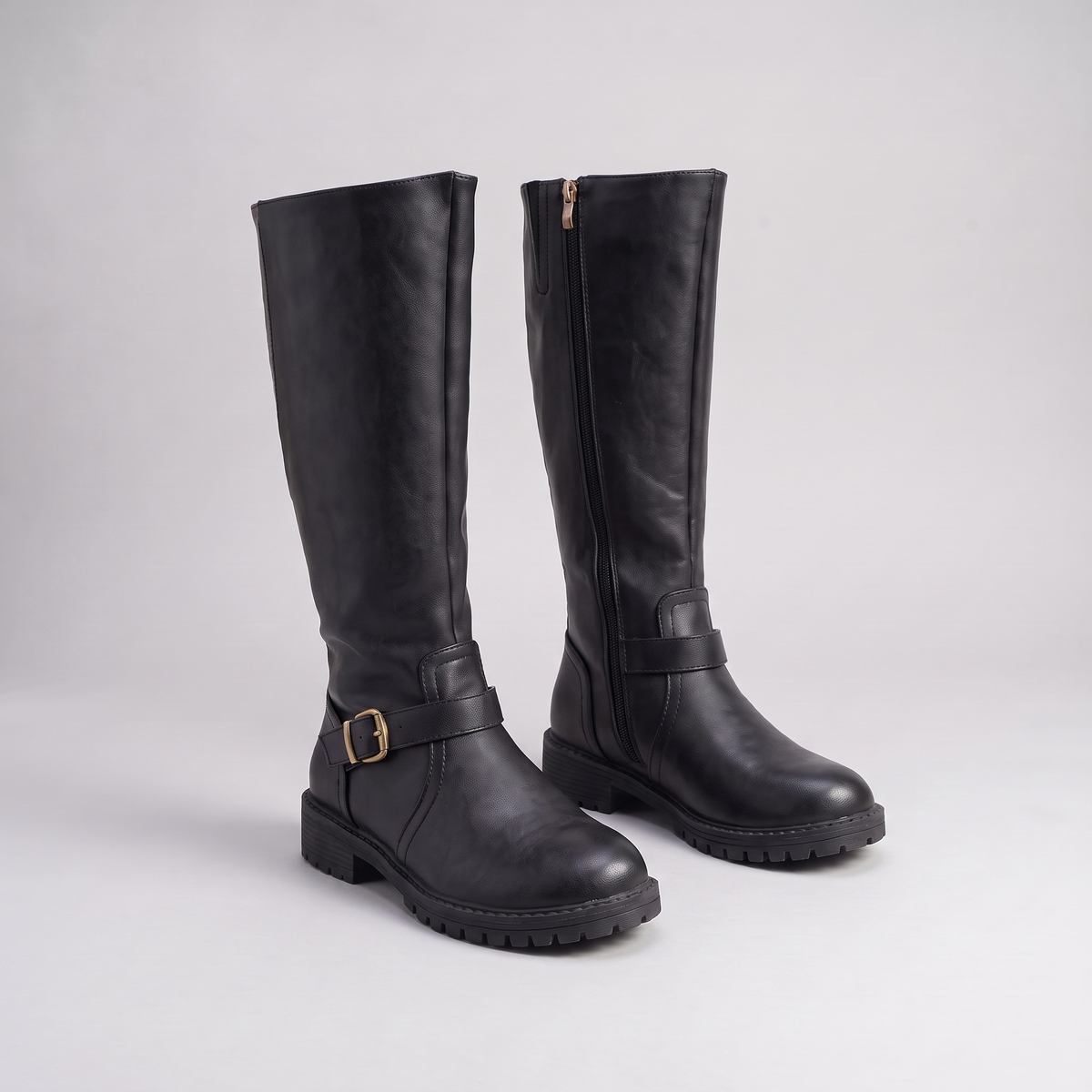 Robyn Women's Winter Leather Flat Knee High Boots - Black