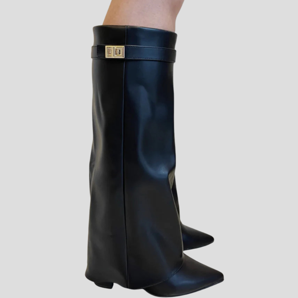 Sian Women's Suede Flat Knee High Boots - Black Leather