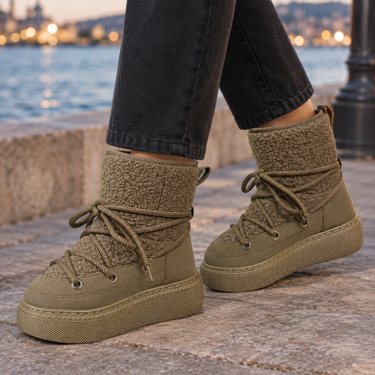 Bridget Teddy Winter Ankle Boots - Green