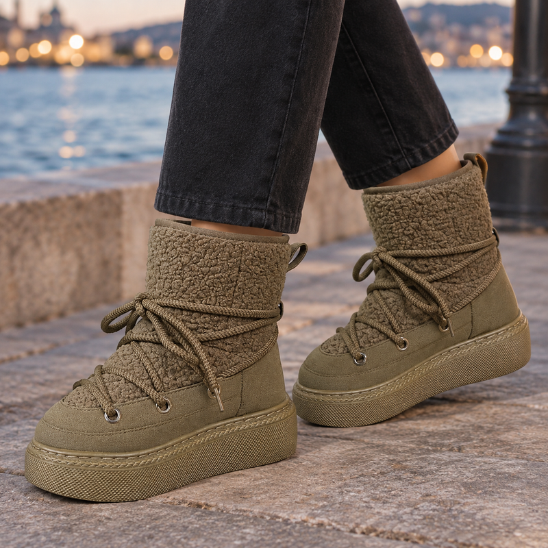 Bridget Teddy Winter Ankle Boots - Green