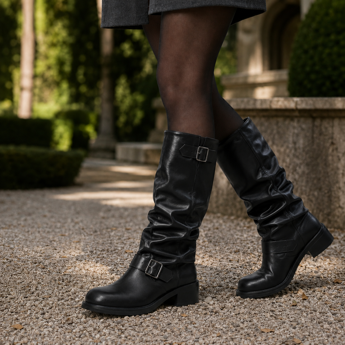 Lois Women's Biker Flat Knee High Boots - Black