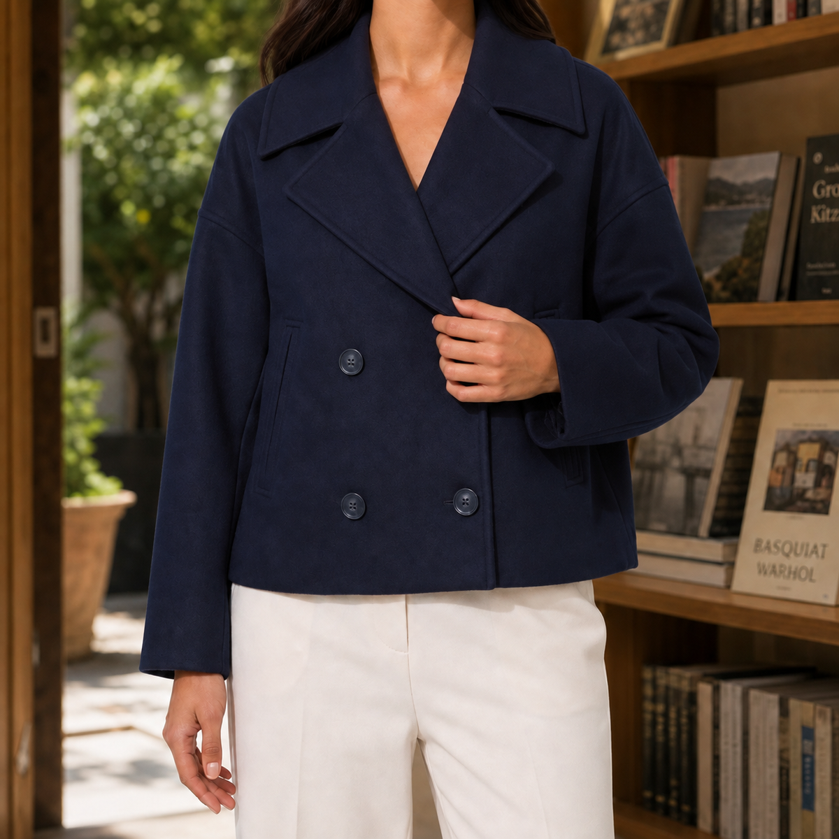 Hannah Women's Wool Cropped Peacoat - Navy Blue