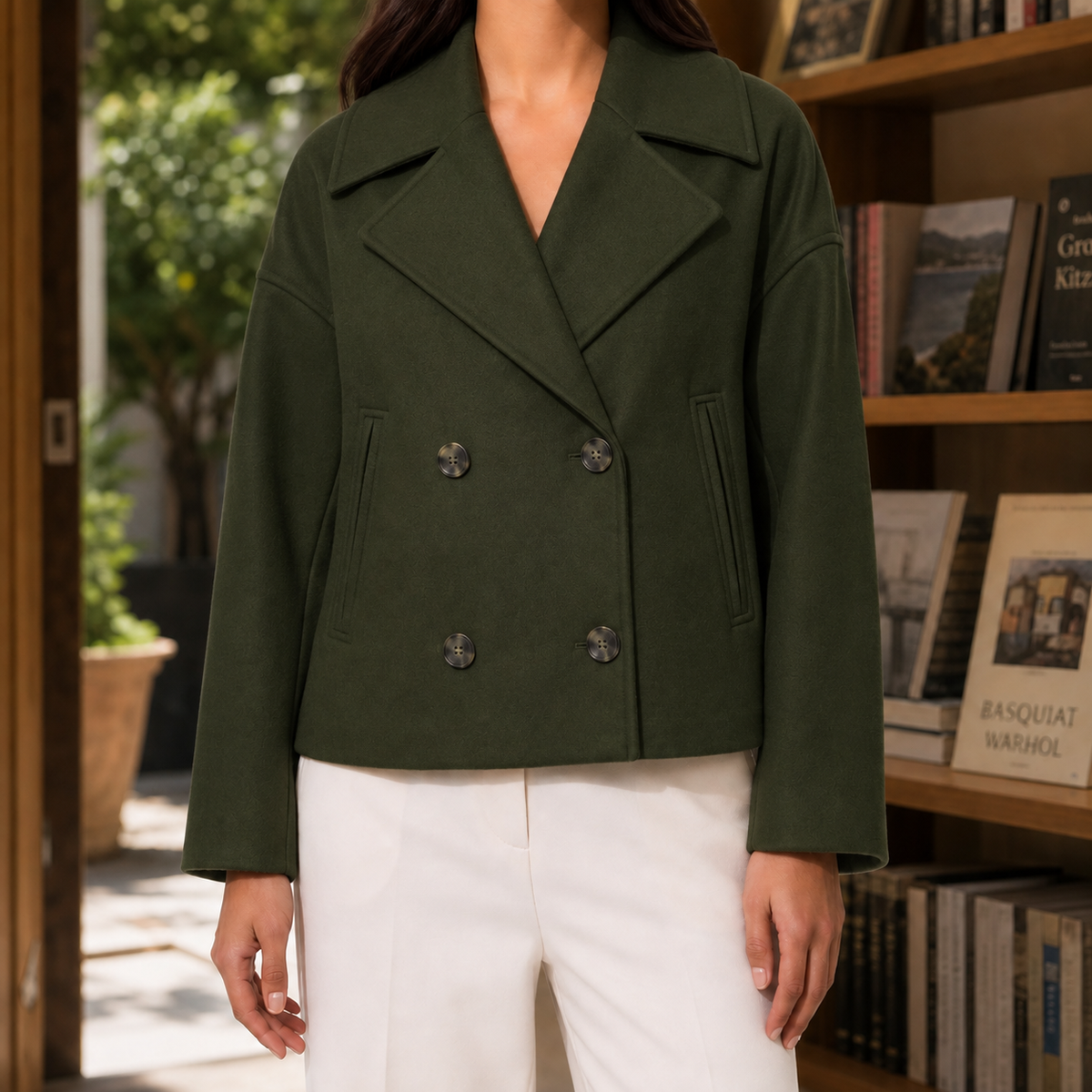 Hannah Women's Wool Cropped Peacoat - Green