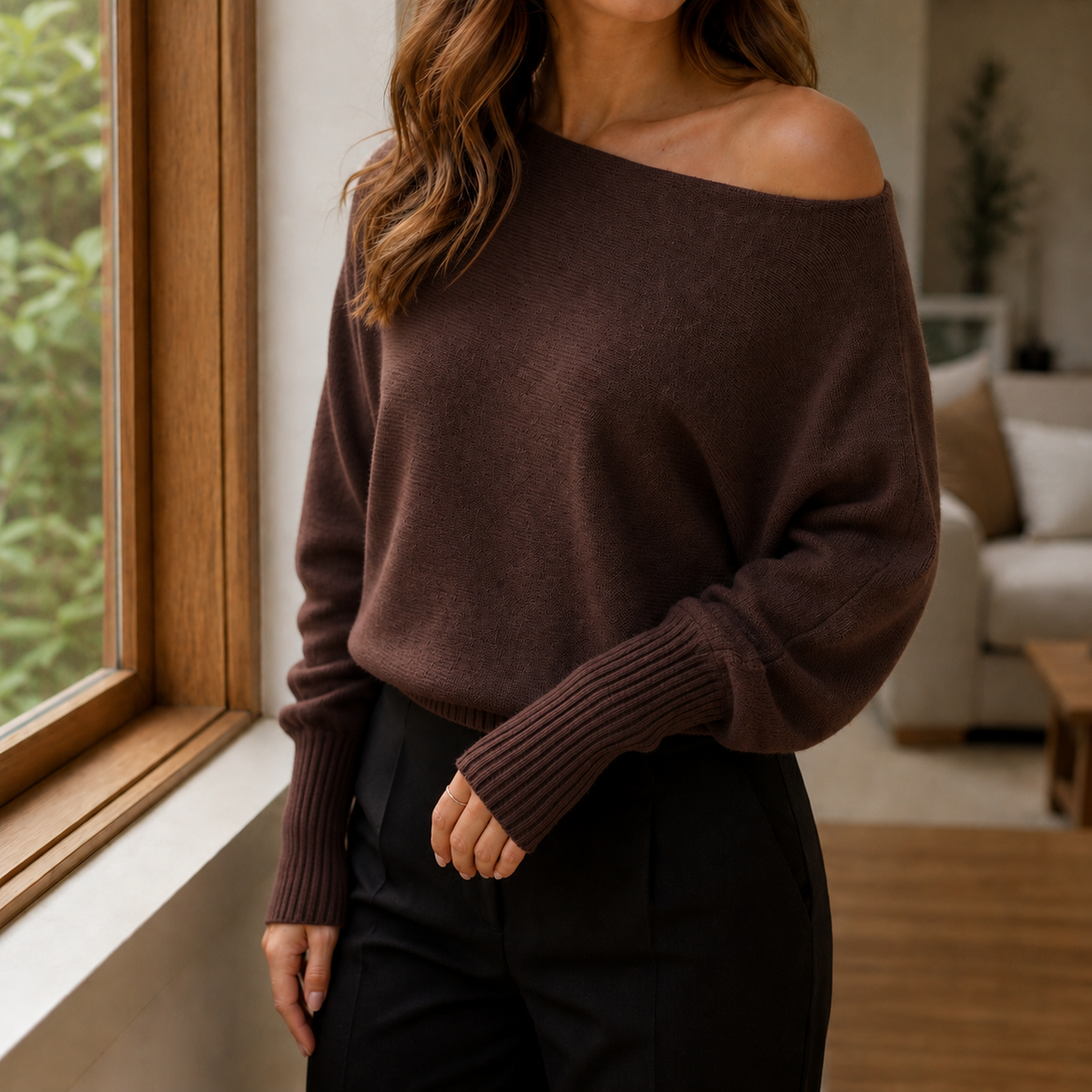 Sybil Women's Off the Shoulder Knitted Jumper - Dark Brown
