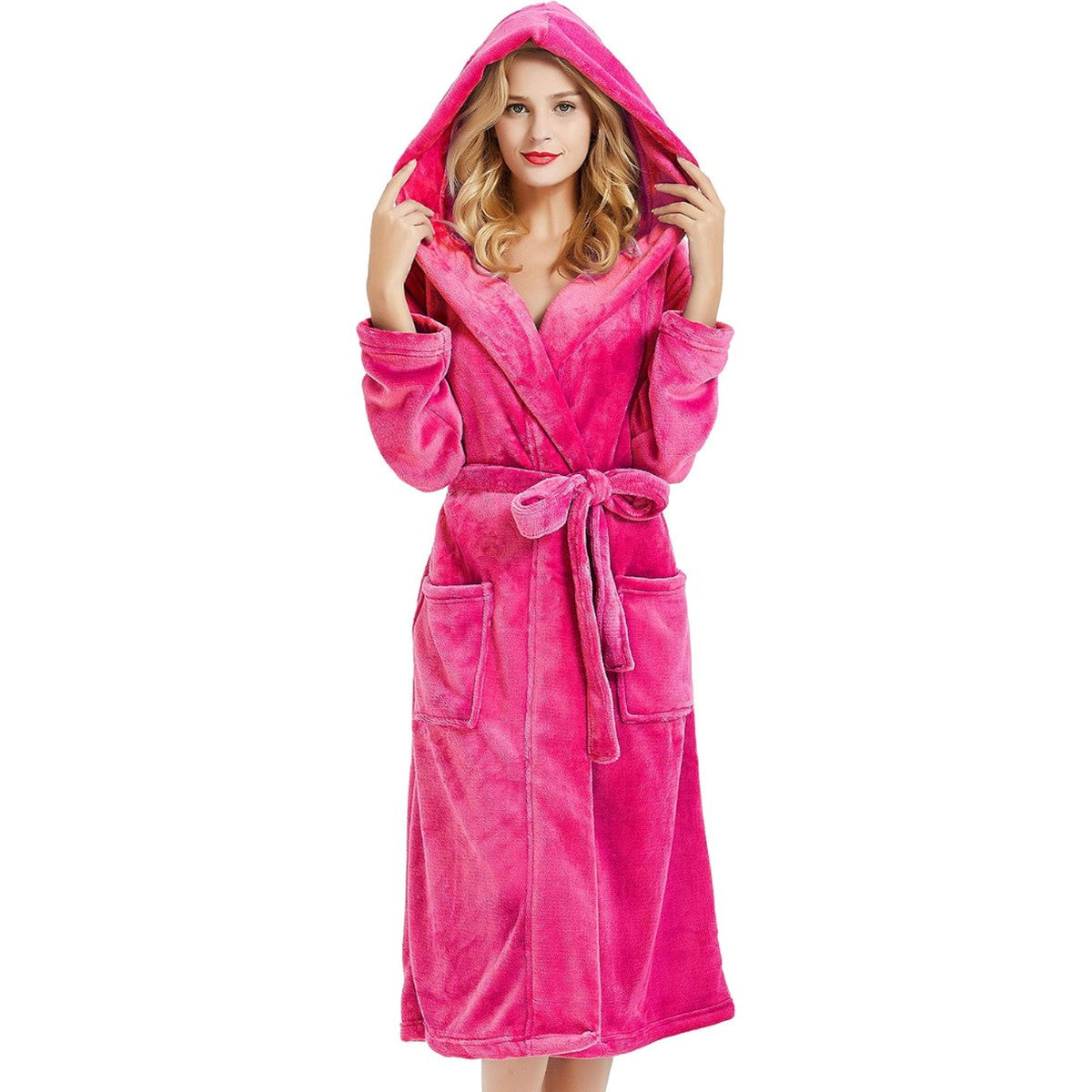 Lorraine Long Fleece Hooded Dressing Gown - Fuchsia