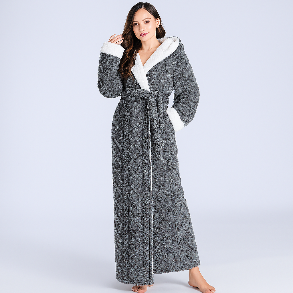 Nicola Fleece Hooded Dressing Gown - Grey