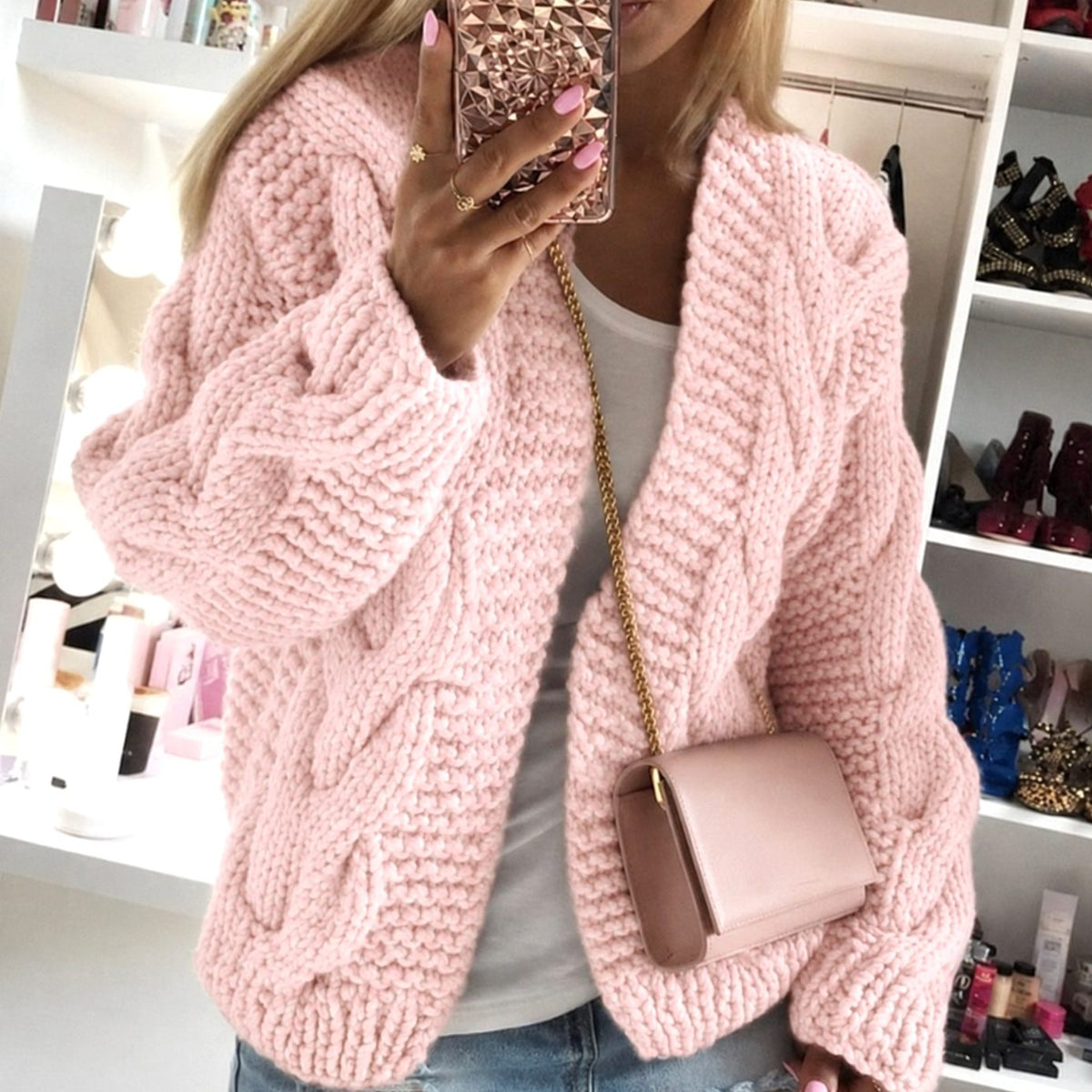 Mae Women's Chunky Knit Cardigan - Pink